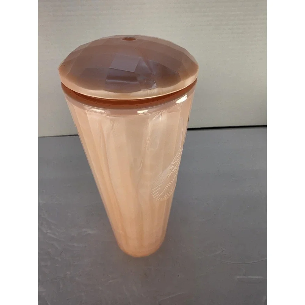 Starbucks 24 Oz Pearl Peach Faceted Cold Cup Tumbler Pink Lid Reusable EUC